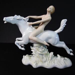 Vtg Wallendorf PORCELAIN HORSE FIGURINE Nude Lady Riding Galloping 11.5" White